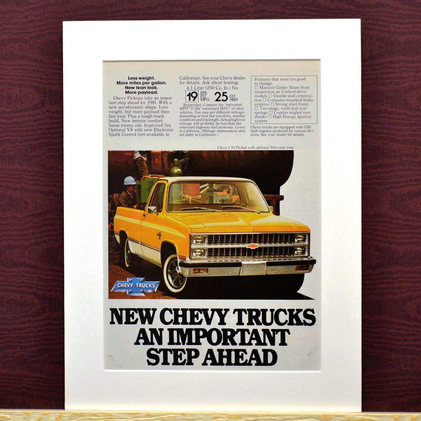 1981 Chevrolet square body pick up truck print ad.,  Framed classic truck wall art