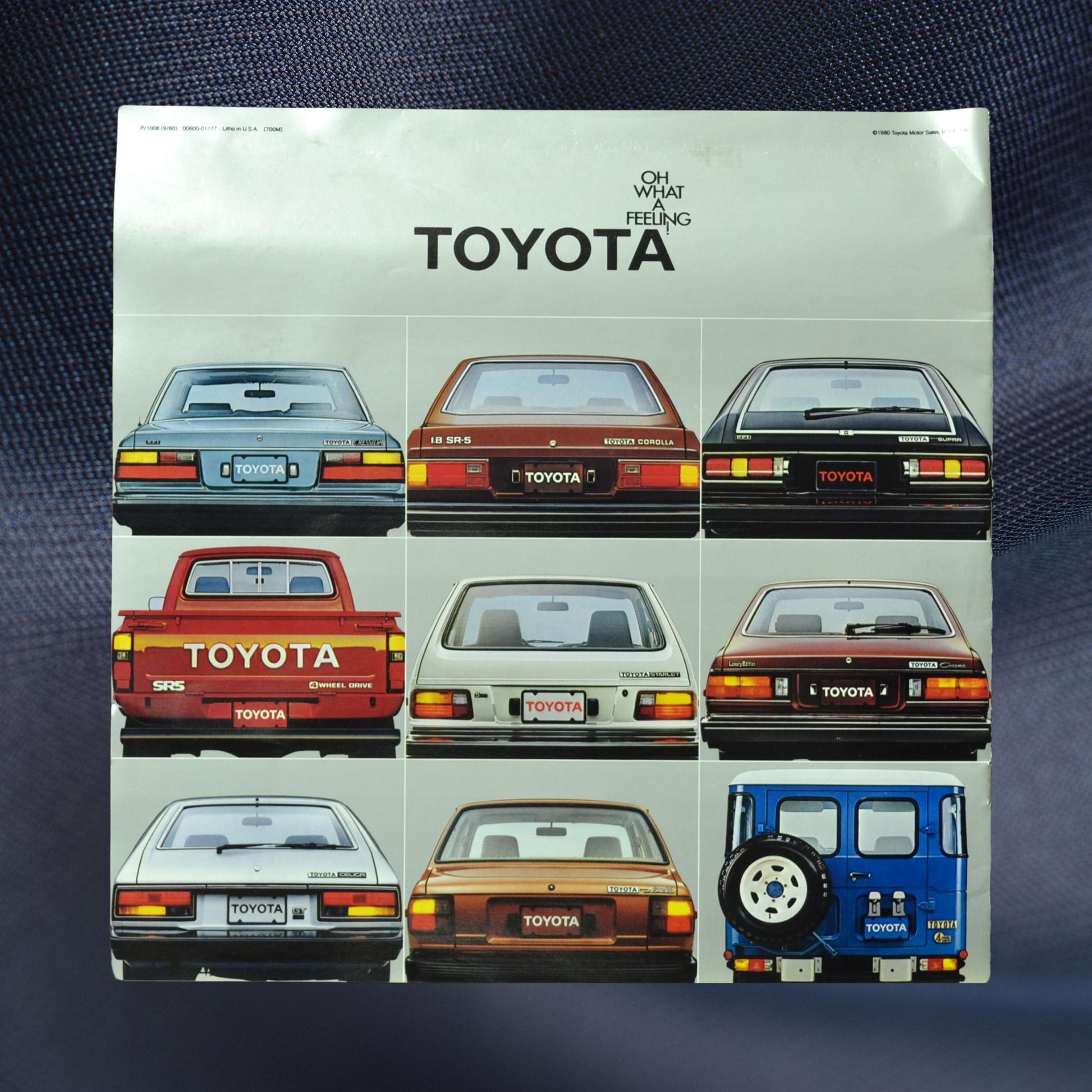 back cover of the 1981 Toyota Cars and Trucks brochure featuring a grid layout of iconic Toyota models, including Celica, Land Cruiser, and Corolla, with sleek rear-facing profiles."