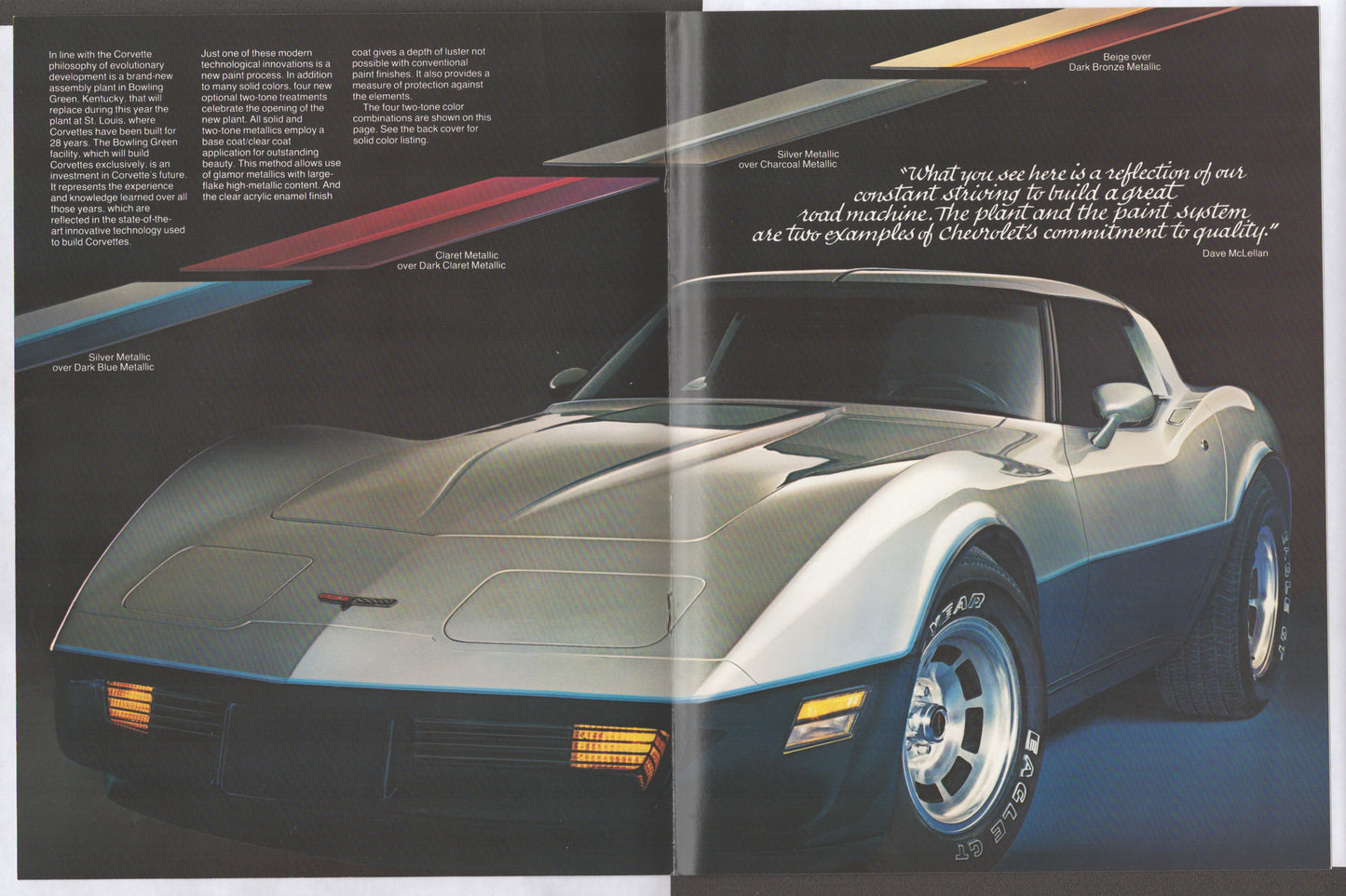 An open vintage magazine or brochure spread showing a silver and black 1981 Chevrolet Corvette C3 convertible from a low front three-quarter angle. The page includes marketing text, a small red Corvette logo on the hood, and abstract diagonal graphic bands across the top.