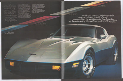 An open vintage magazine or brochure spread showing a silver and black 1981 Chevrolet Corvette C3 convertible from a low front three-quarter angle. The page includes marketing text, a small red Corvette logo on the hood, and abstract diagonal graphic bands across the top.