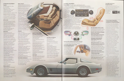 A vintage magazine spread featuring a silver 1981 corvette with interior and exterior details, surrounded by text columns and inset diagrams of seat, dashboard, and other vehicle features.
