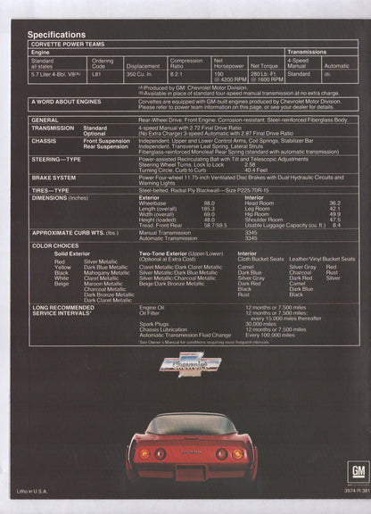 A black specification sheet for a 1981 Corvette power team vehicle, featuring a detailed technical data table at the top and a red Corvette rear view at the bottom with a GM logo.
