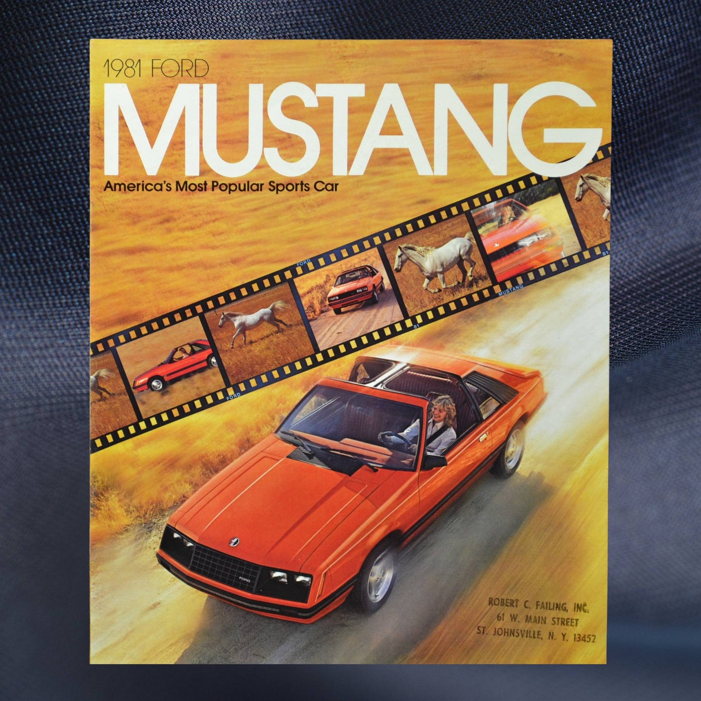 1981 Ford Mustang brochure cover featuring an orange Mustang and film-strip design showcasing other Mustang models, including the Cobra