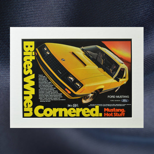 1981 Ford Mustang vintage print ad, featuring a bold yellow and black Mustang with the slogan "Bites When Cornered", perfect for collectors.