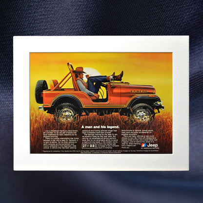 1981 Jeep CJ-7 Laredo vintage print ad, featuring a cowboy relaxing on the hood of a bronze Laredo Jeep, highlighting its classic off-road style and rugged capability. A perfect retro automotive poster for Jeep lovers.