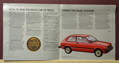 Interior spread of the 1981 Toyota Cars and Trucks brochure on how to find the right car or truck, and detailed description of the Toyota Starlet, the small wonder