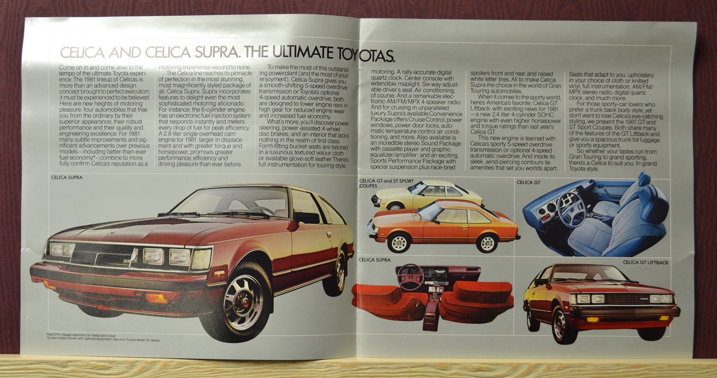 Interior spread of the 1981 Toyota Cars and Trucks brochure featuring the Celica and Celica Supra models. Includes detailed descriptions of their design, performance features, and luxurious interiors. Highlighted with images of the Celica Supra and Celica GT alongside close-ups of their interiors