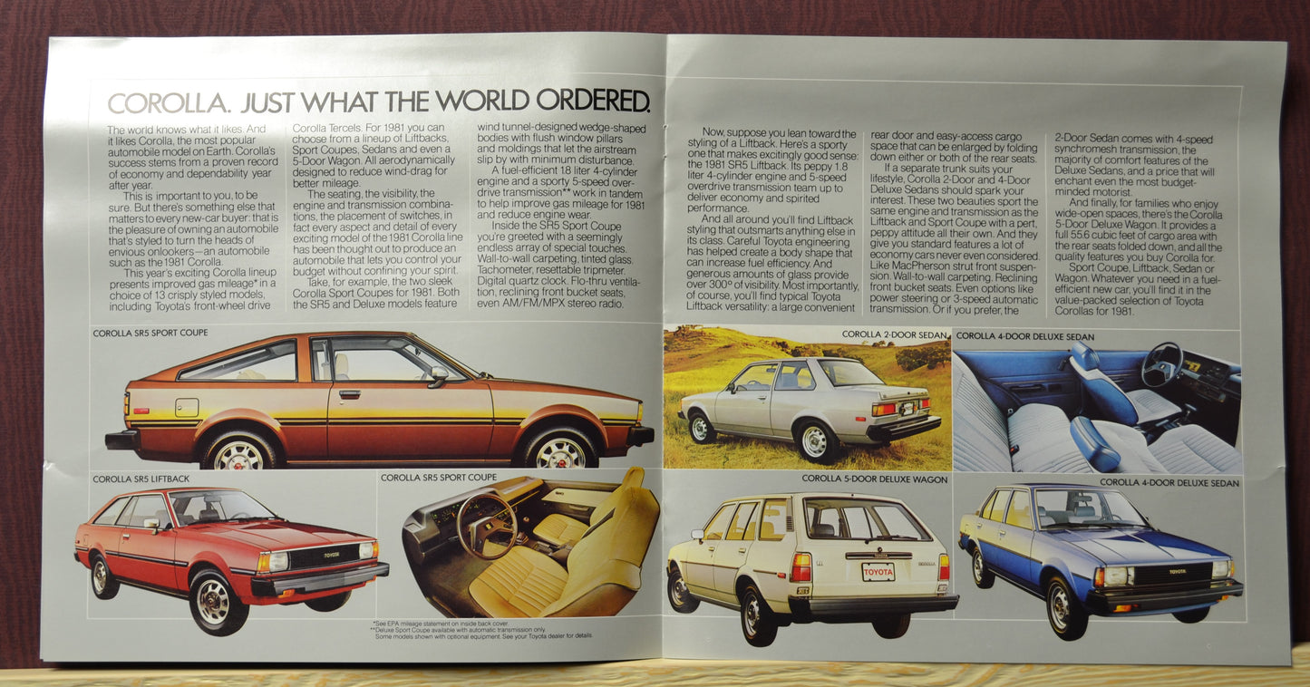 Interior spread of the 1981 Toyota Cars and Trucks brochure featuring the Corolla models. Includes detailed descriptions of their design, performance features, and luxurious interiors. Highlighted with images of the Sport coupe and wagon alongside close-ups of their interiors