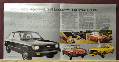 Interior spread showcasing the 1981 Toyota Corolla Tercel model. Features detailed descriptions of their economy and durability, paired with a narrative on Toyota's quality story and manufacturing excellence