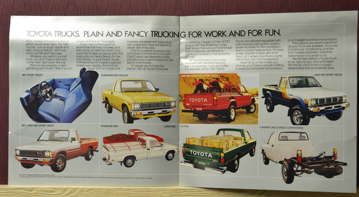 Interior spread showcasing the 1981 Toyota Truck models, including the sport truck, standard bed and long bed. Features detailed descriptions of their off-road capabilities and durability, paired with a narrative on Toyota's quality story and manufacturing excellence