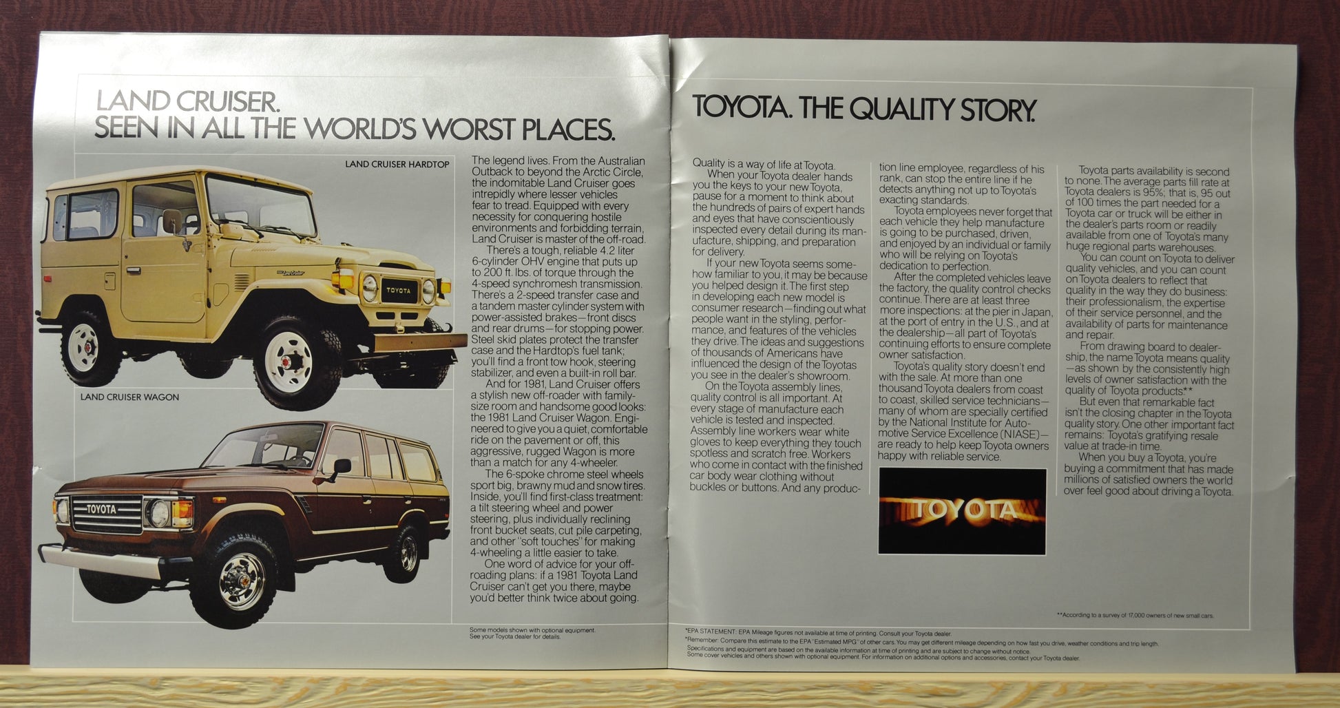 Interior spread showcasing the 1981 Toyota Land Cruiser models, including the Land Cruiser Hardtop and Wagon. Features detailed descriptions of their off-road capabilities and durability, paired with a narrative on Toyota's quality story and manufacturing excellence