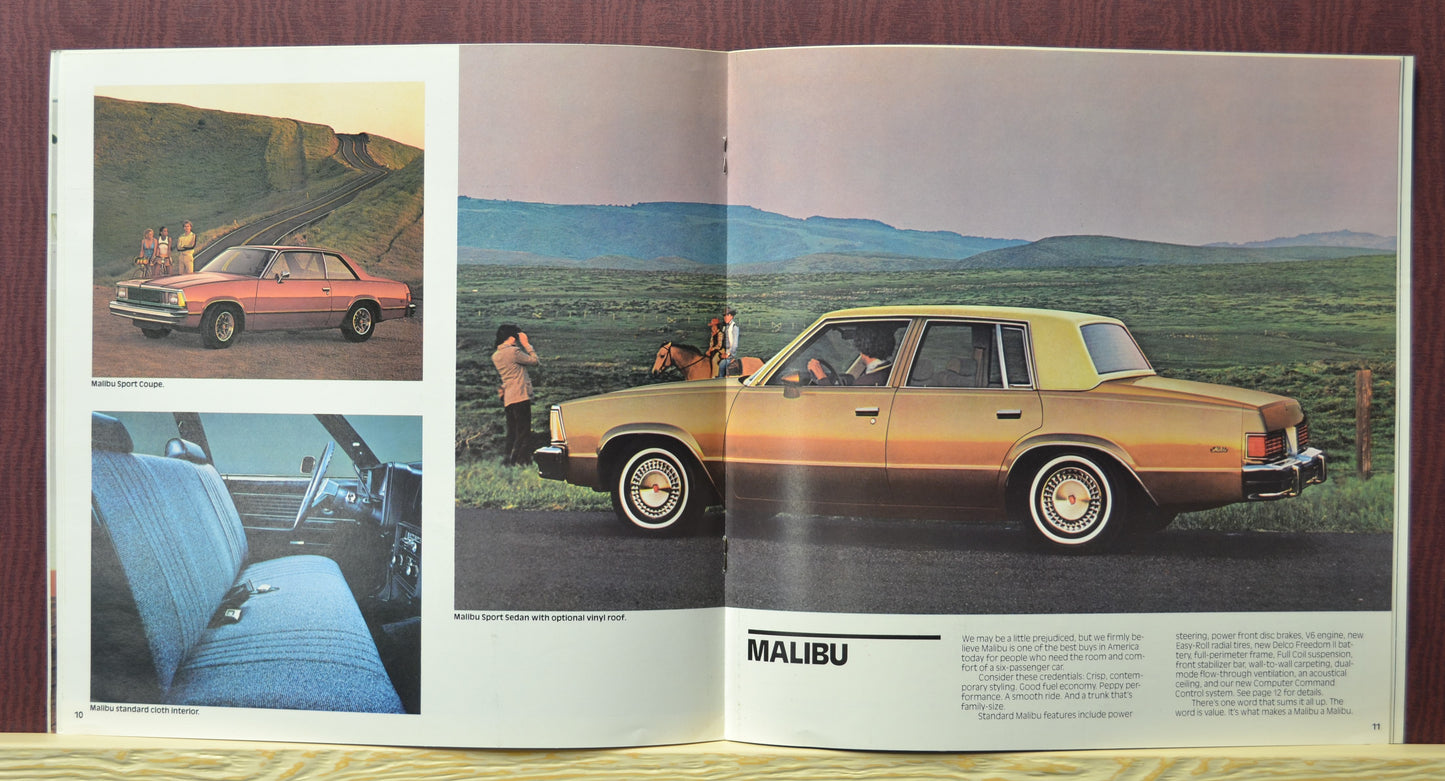 interior pages 1981 Chevy Malibu sport sedan brochure showing car in country hillside setting