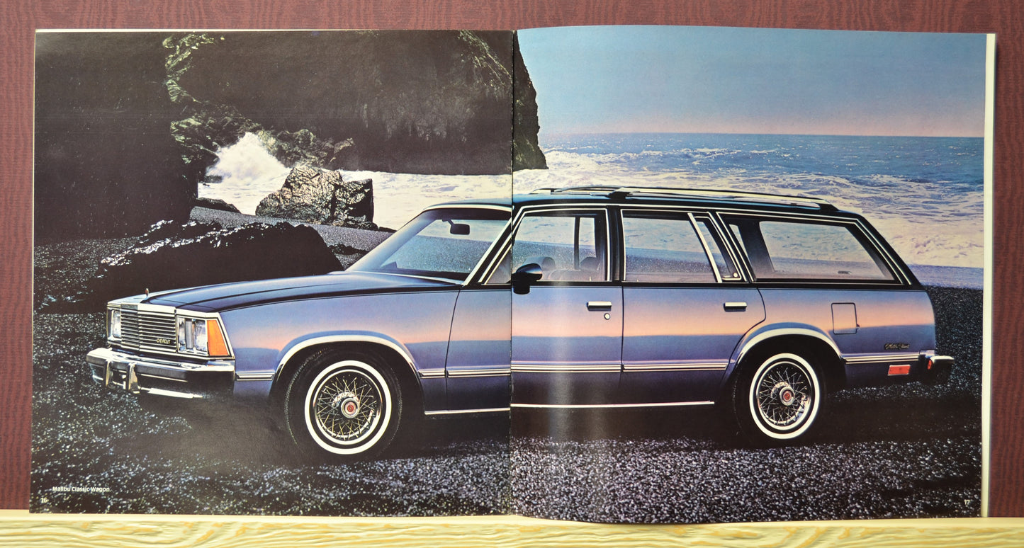 interior pages 1981 Chevy Malibu classic wagon brochure showing car near rocky shore