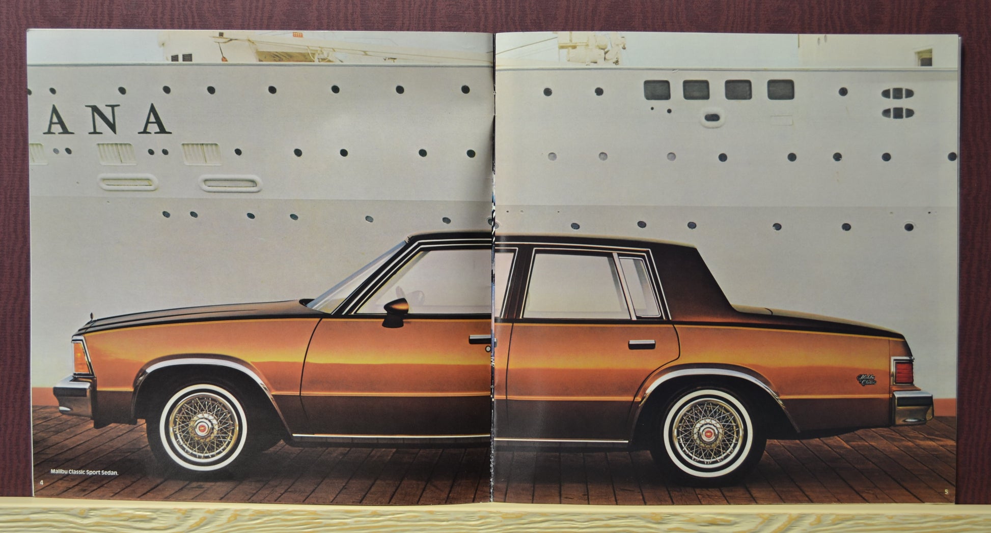 interior pages 1981 Chevy Malibu sport sedan brochure showing car on shipyard dock