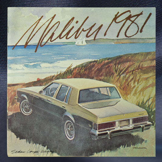 1981 Chevrolet Malibu sales brochure front cover with green sedan by the shore