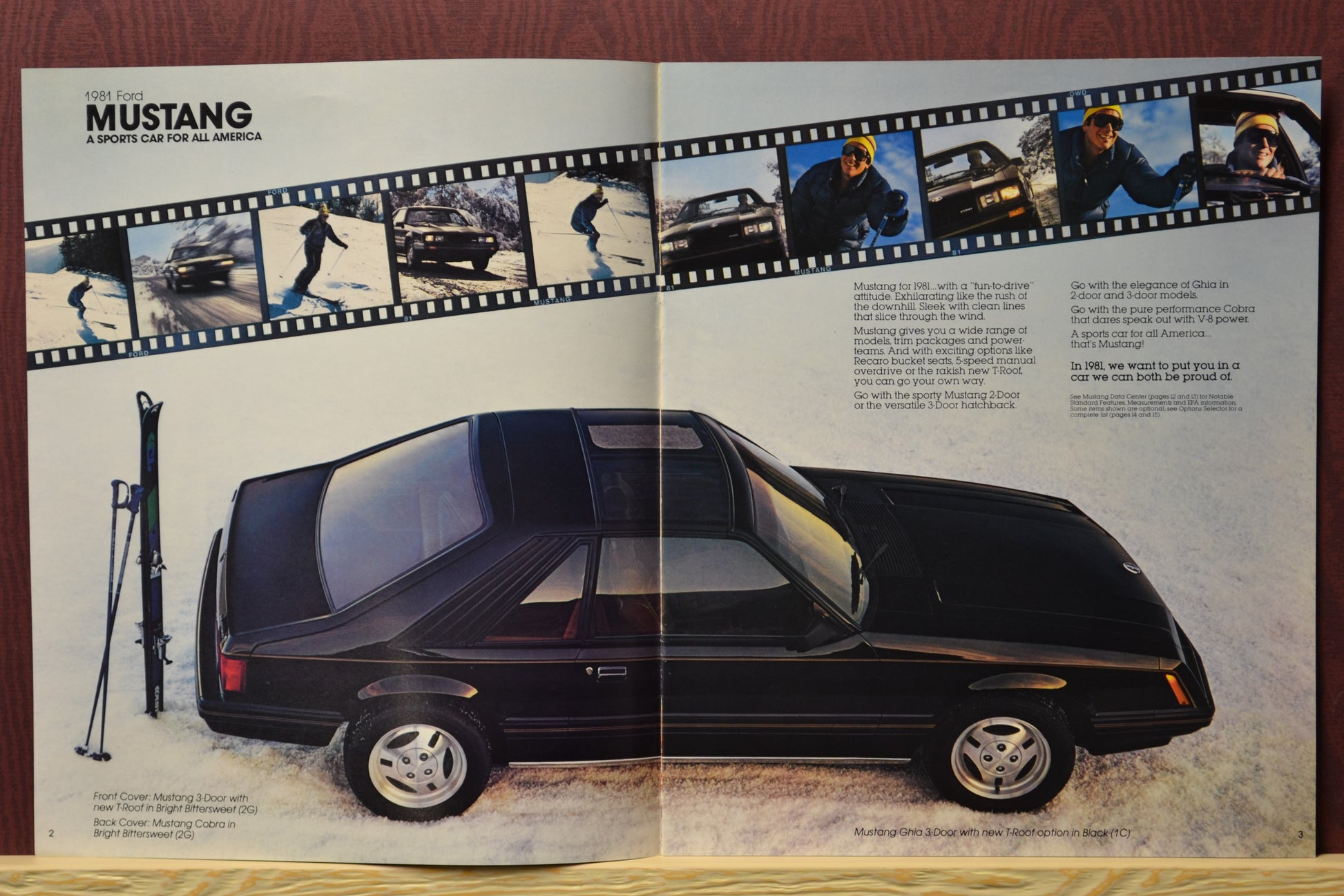 1981 Ford Mustang brochure interior pages featuring the Mustang Ghia 3 door at a ski slope