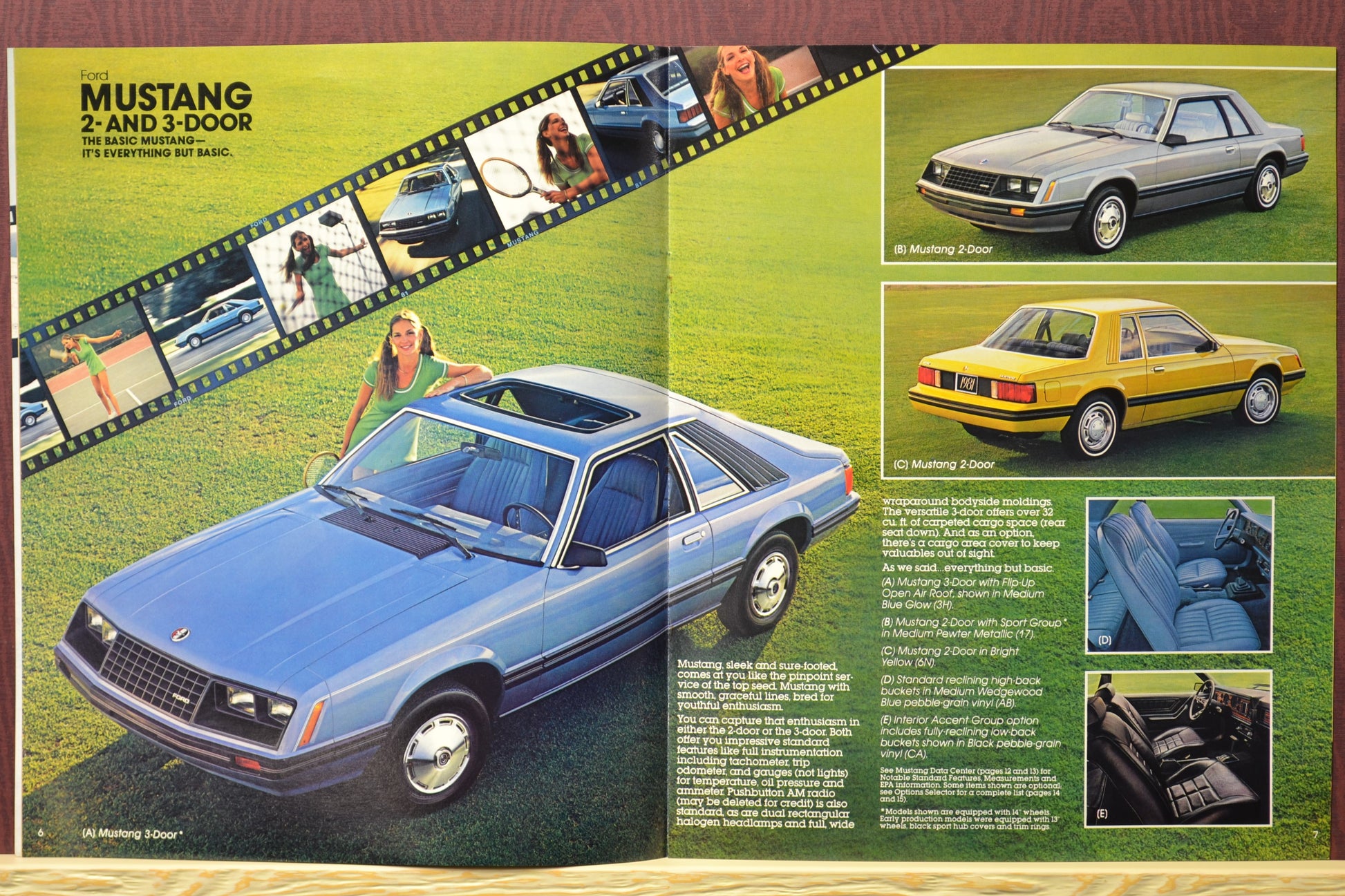 1981 Ford Mustang brochure interior pages featuring the Mustang 2 and 3 doors