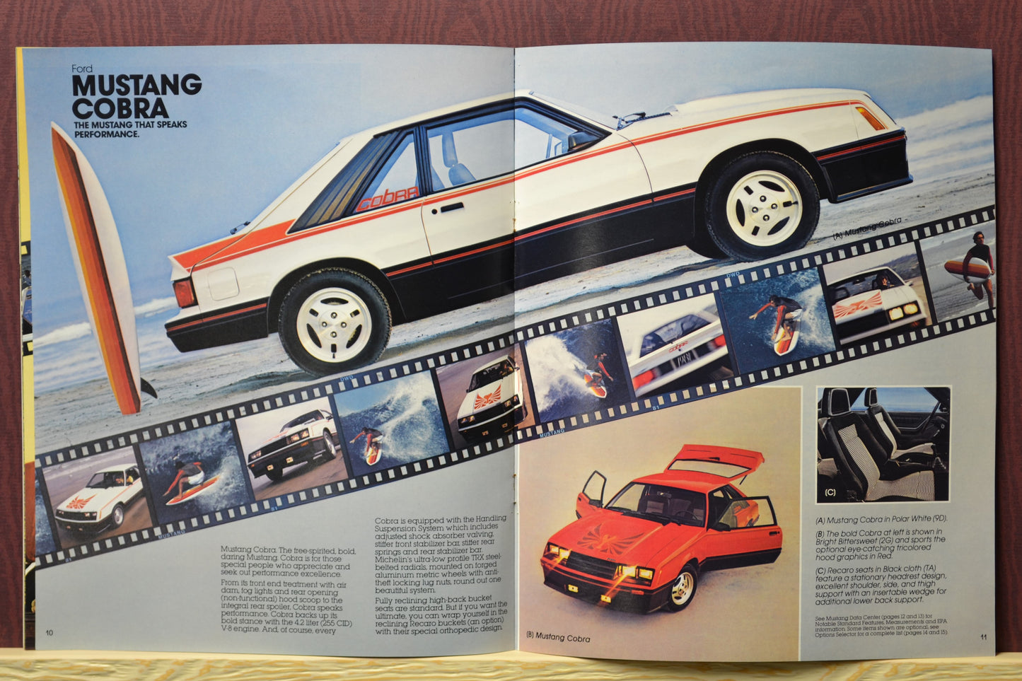 1981 Ford Mustang brochure interior pages featuring the Mustang Cobra, Recaro seats, and detailed performance specifications