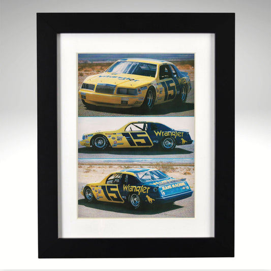 Framed print of Dale Earnhardt race cars with Wrangler branding on a gray background