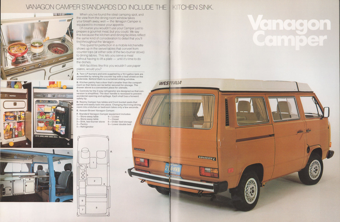 1982 Volkswagen Vanagon Camper advertisement with vehicle image and specifications on a white background