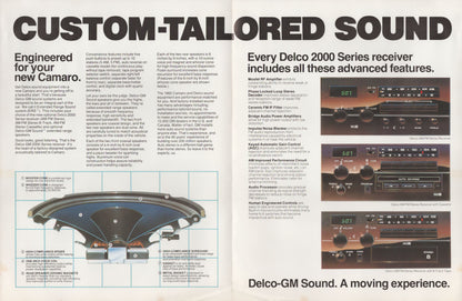 A vintage printed brochure or catalog page for Delco automotive audio, featuring the headline 'CUSTOM-TAILORED SOUND,' blocks of descriptive text, a speaker cross-section diagram, and several small photos of Delco 2000 Series receiver units.