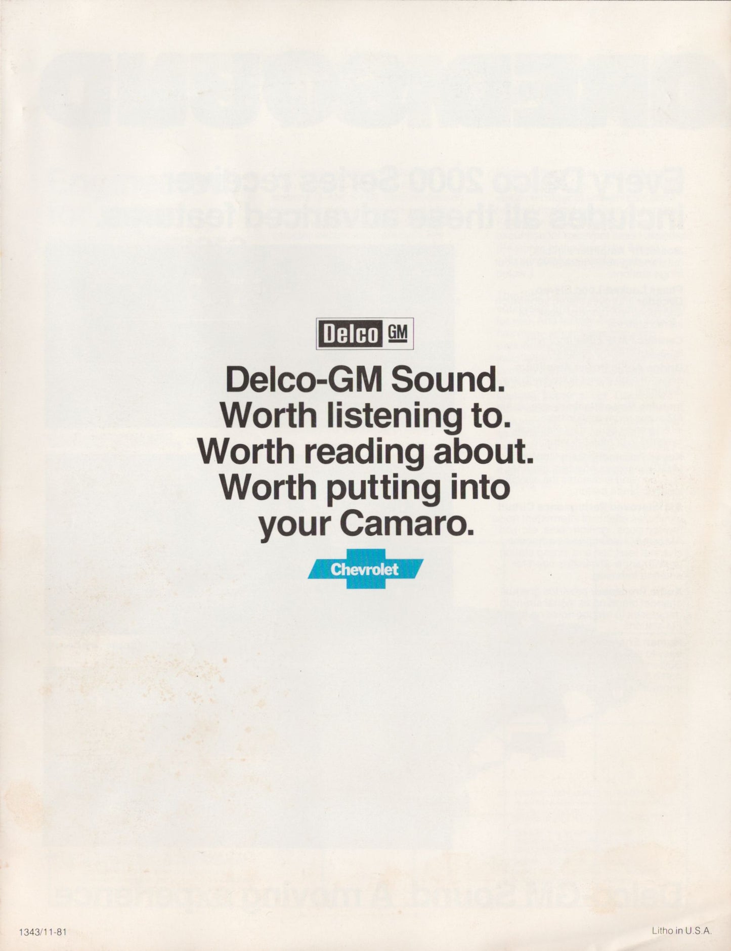 A vintage printed advertisement page with black text reading 'Delco GM Sound. Worth listening to.