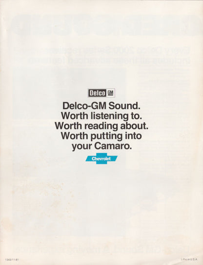 A vintage printed advertisement page with black text reading 'Delco GM Sound. Worth listening to.