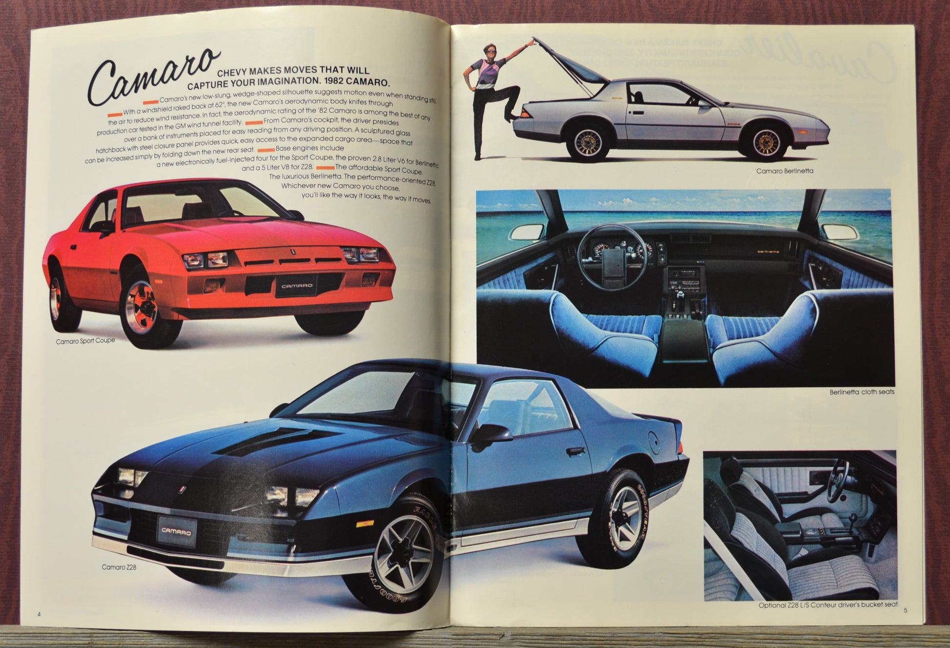 brochure pages showing images of a red and blue 1992 Camaro with text and interior views.