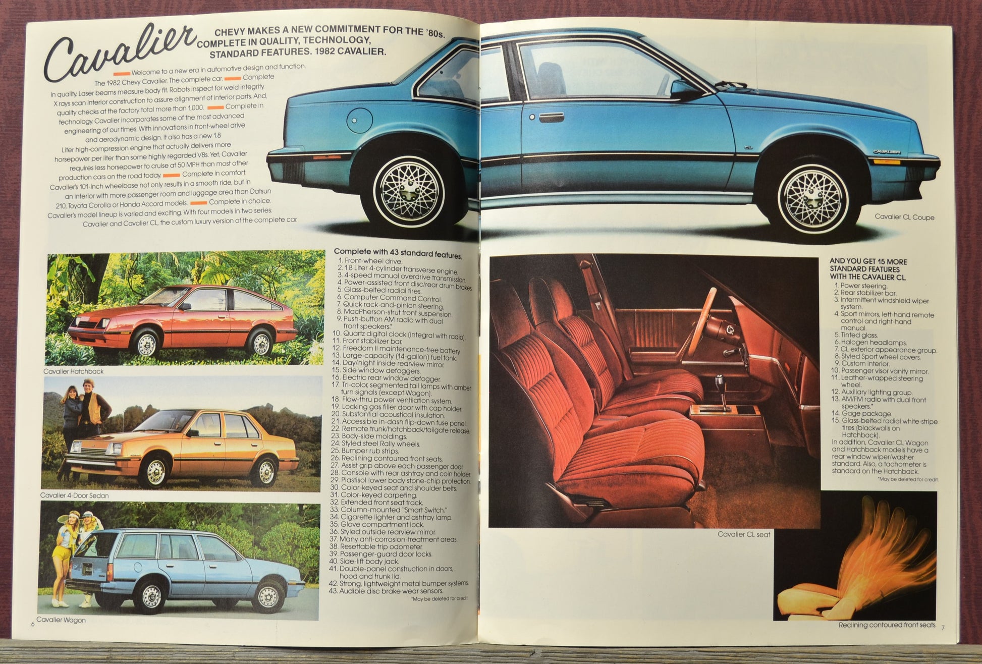 Brochure  page featuring a blue 1982 cavalier car with text and images of other vehicles and interior.