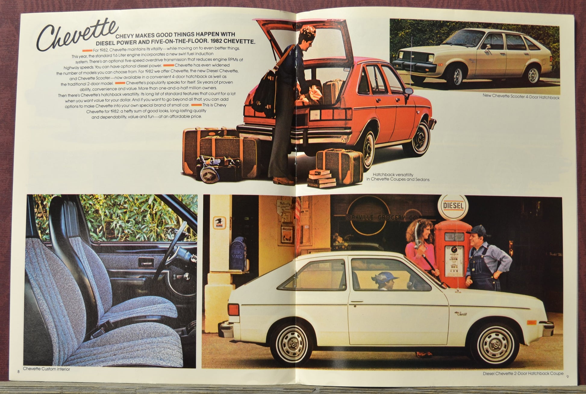 Vintage advertisement for Chevrolet chevette with images of a red car, a white car, and people interacting with the vehicles.