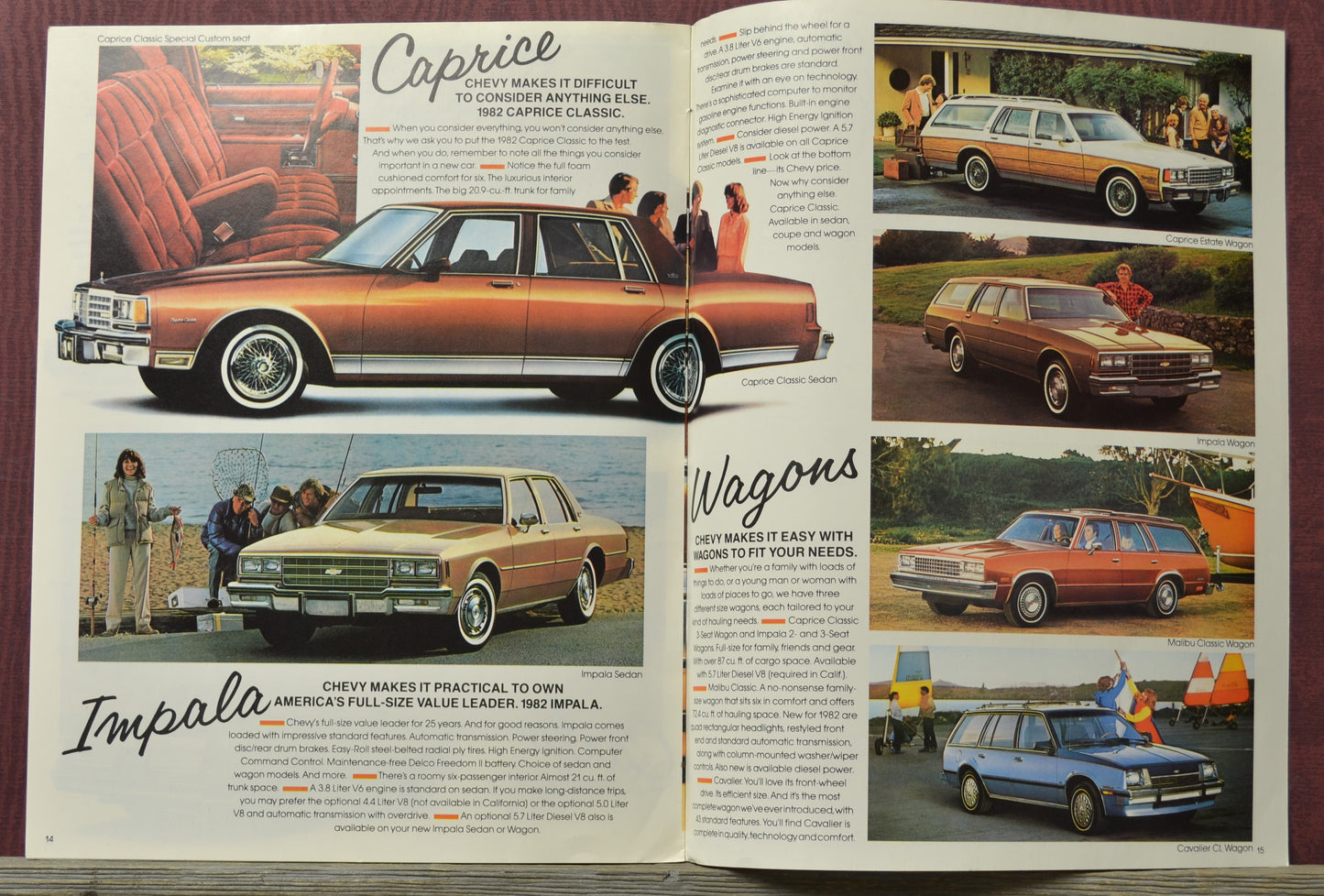 Open book showing vintage Chevrolet advertisements with cars and people.
