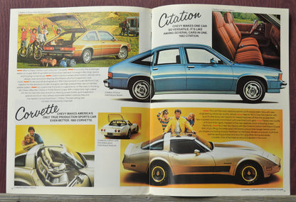 Open brochure spread featuring 1992 chevrolet corvette and Citation vintage cars with text and images of people around them.