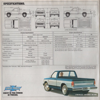 1982 Chevy S-10 truck specifications sheet with a blue and white truck illustration.