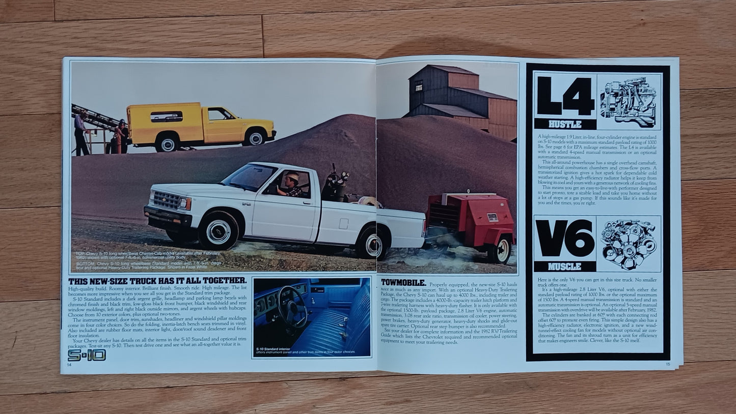 1982 Chevrolet S-10 pickup truck dealer brochure Tahoe Durango Sport 20 page sales literature vintage Chevy truck engine options