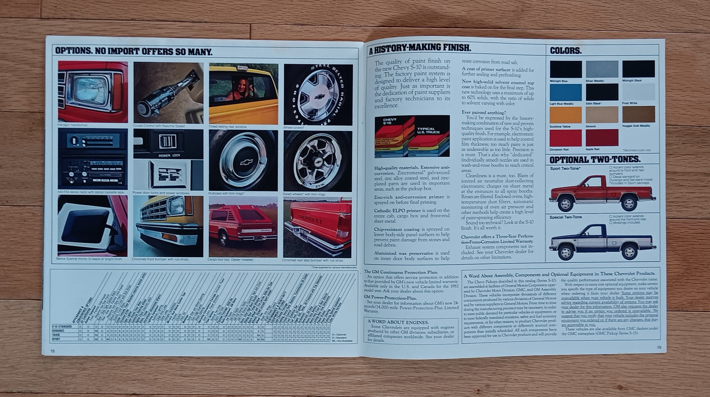 1982 Chevrolet S-10 pickup truck dealer brochure option and color pages