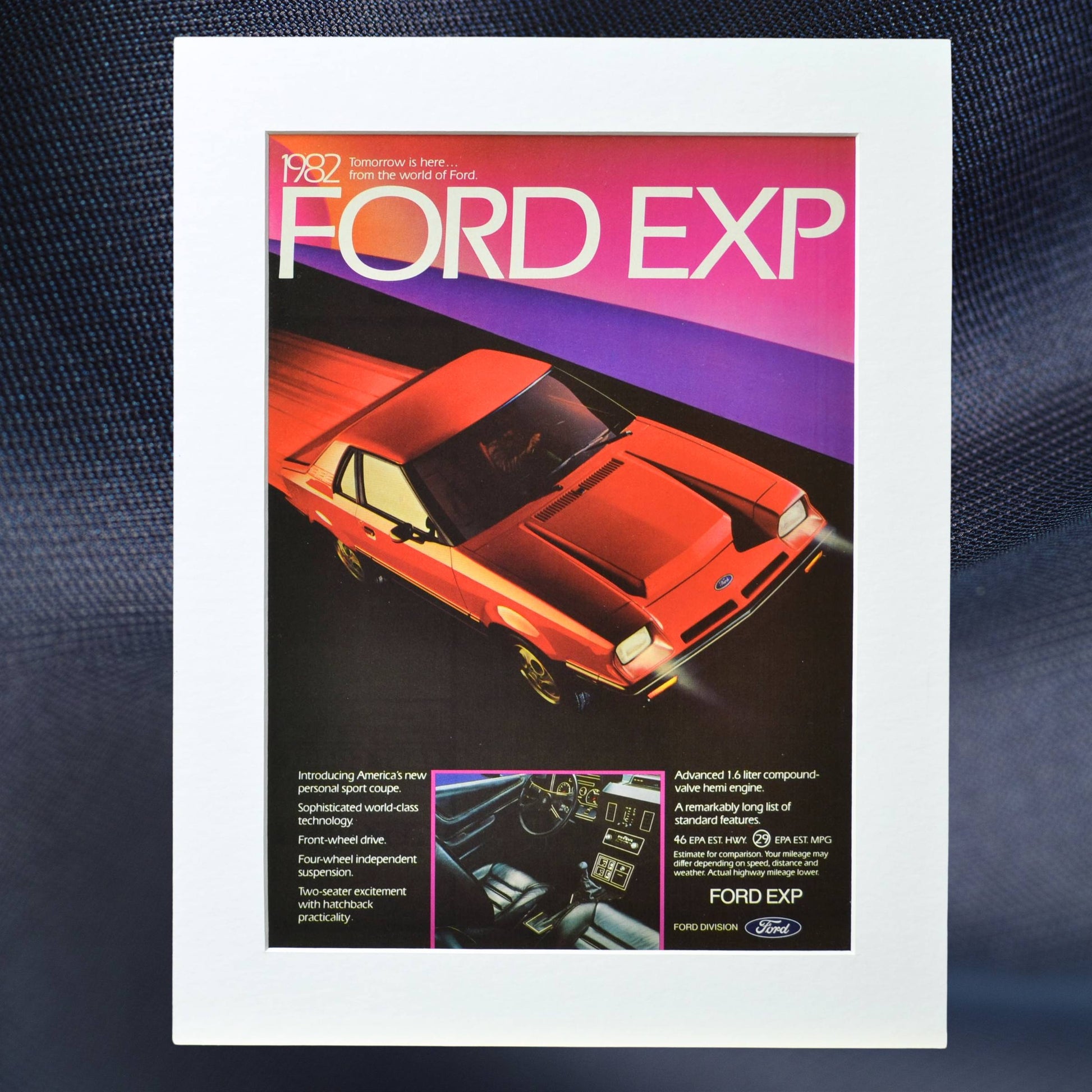 1982 Ford EXP vintage print ad – classic car wall art, retro automotive decor