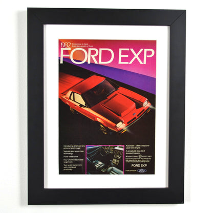 framed 1982 Ford EXP vintage print ad – classic car wall art, retro automotive decor