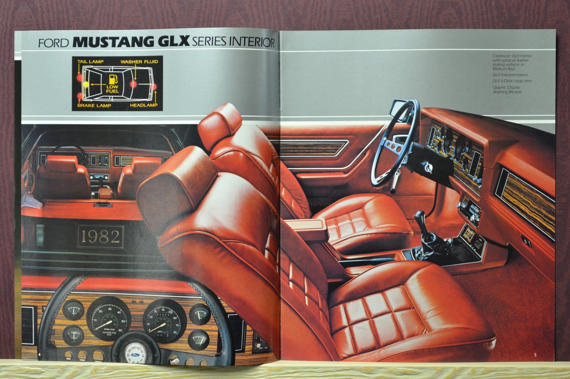 Interior pages of the 1982 Ford Mustang brochure showing the Mustang GLX Interior, dashboard details, and interior features
