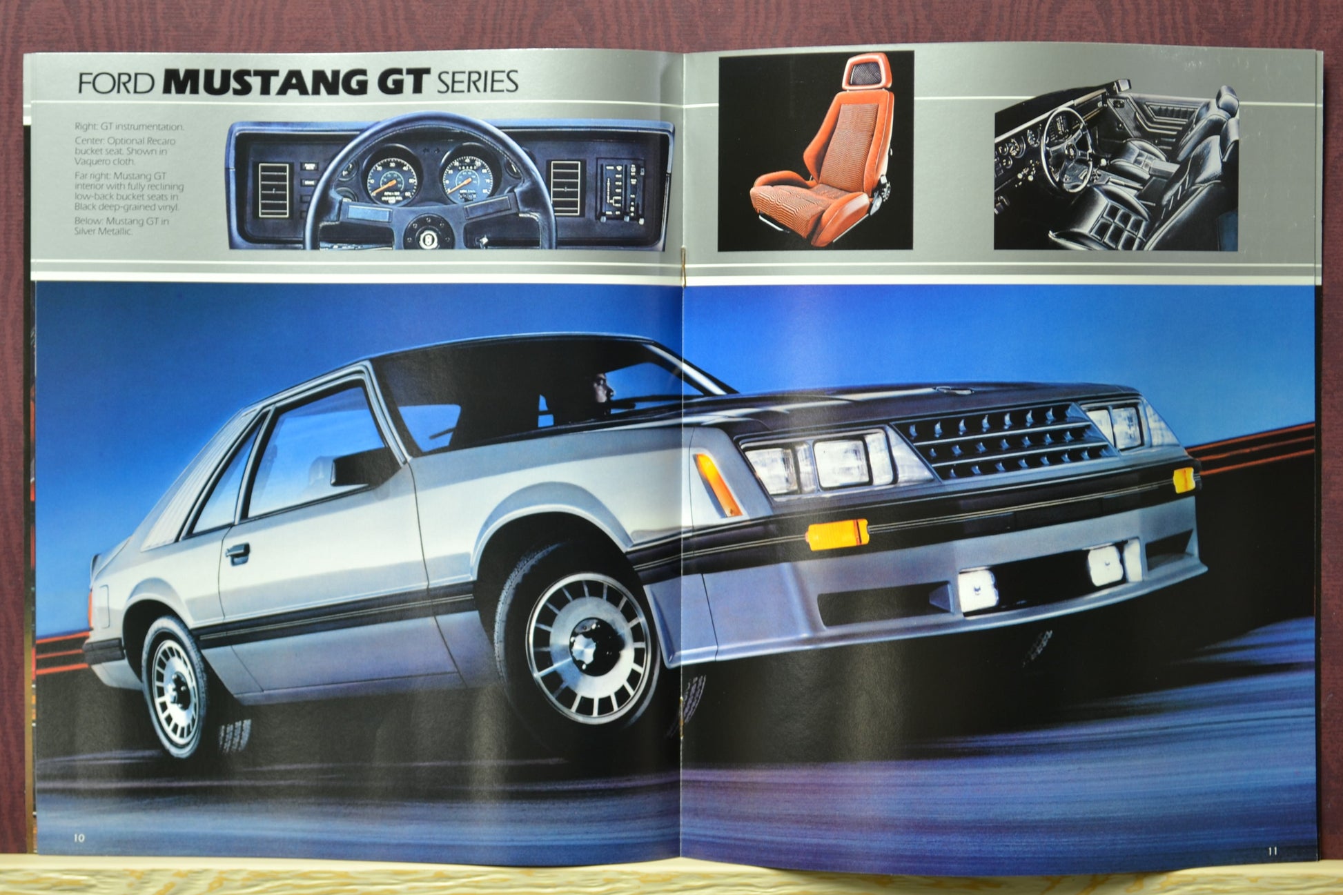 Interior pages of the 1982 Ford Mustang brochure showing the Mustang GT in Silver Metallic, dashboard details, and interior features
