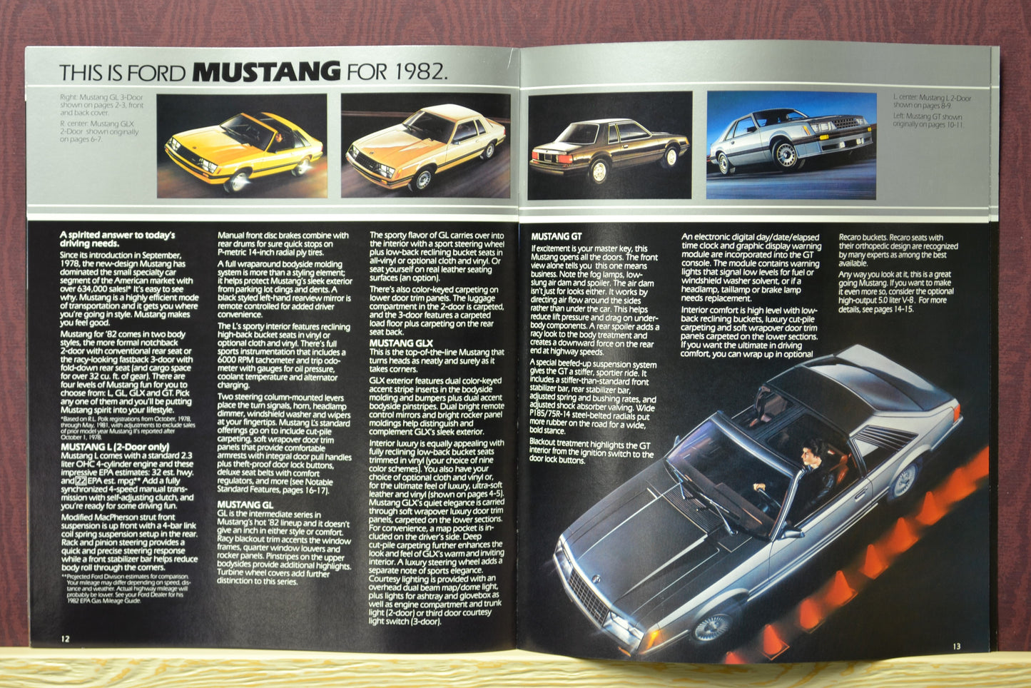 Interior pages of the 1982 Ford Mustang brochure showing the Mustang Line up and features