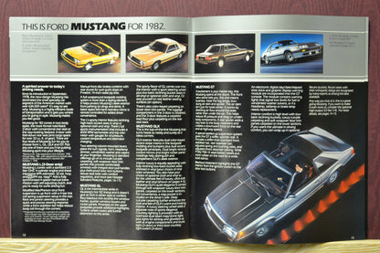 Interior pages of the 1982 Ford Mustang brochure showing the Mustang Line up and features
