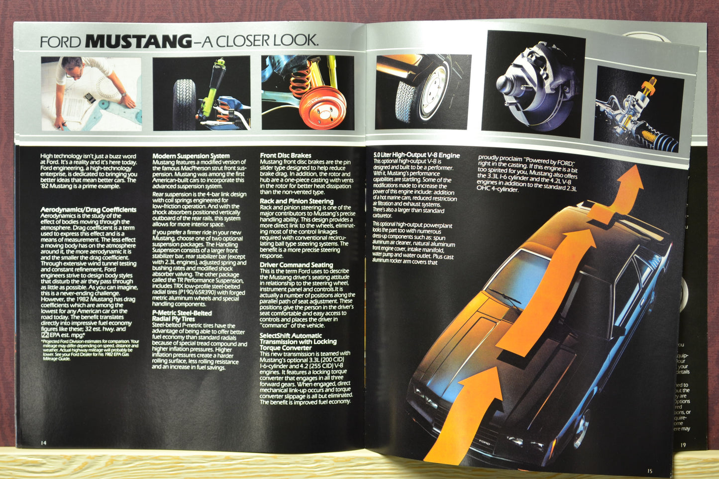 Interior pages of the 1982 Ford Mustang brochure showing the Mustang  Foxbody technology