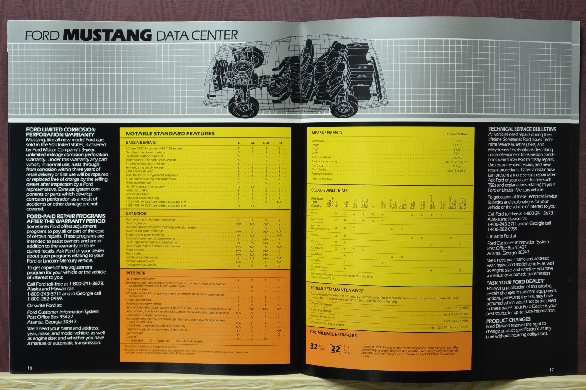 Interior pages of the 1982 Ford Mustang brochure showing the Mustang data center