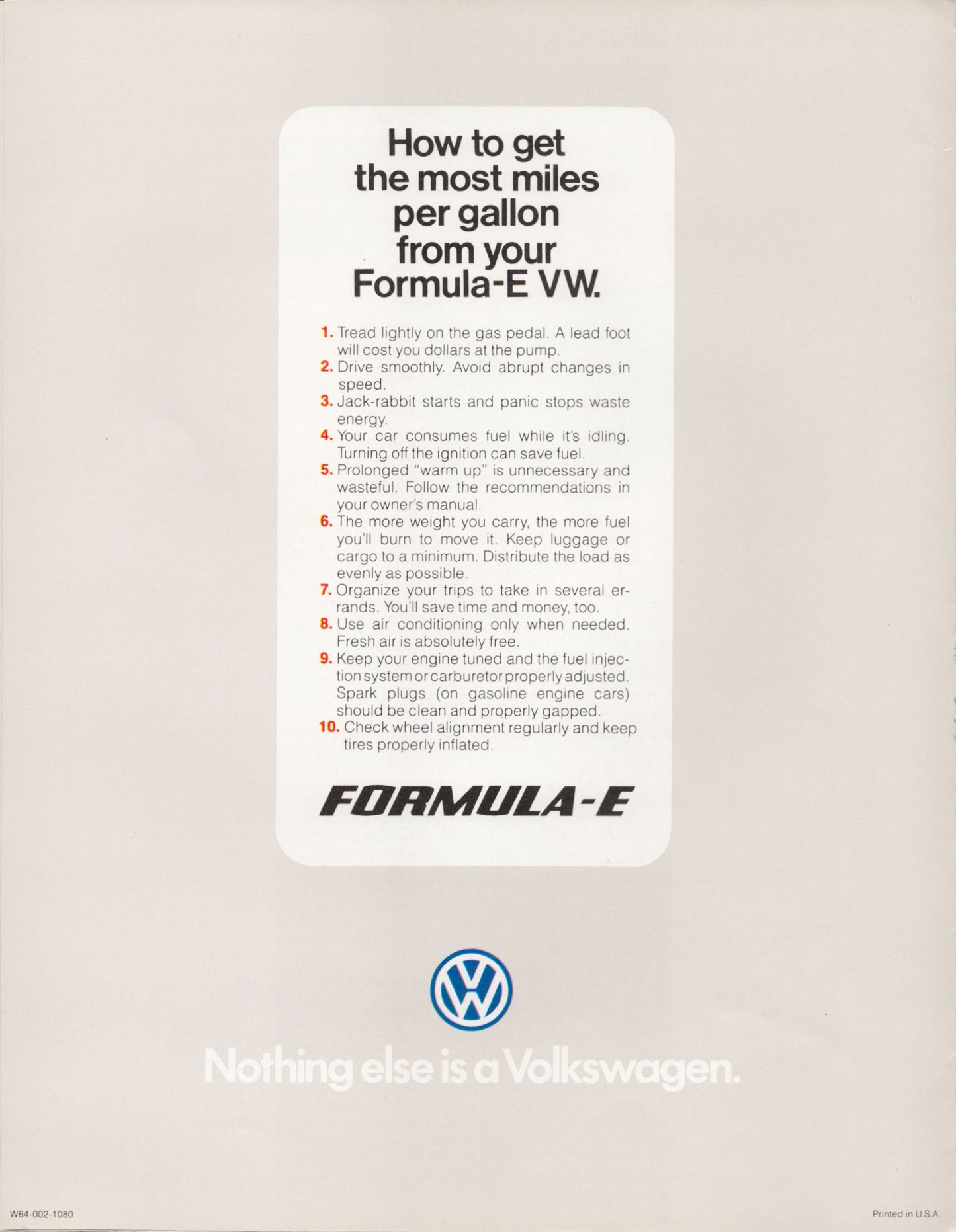 1982 Volkswagen Formula-E brochure feature illustration with Rabbit and Formula-E technology