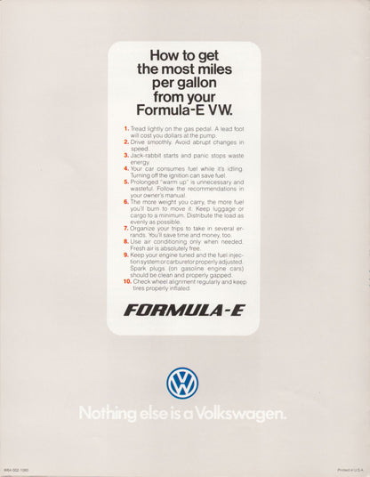 1982 Volkswagen Formula-E brochure feature illustration with Rabbit and Formula-E technology