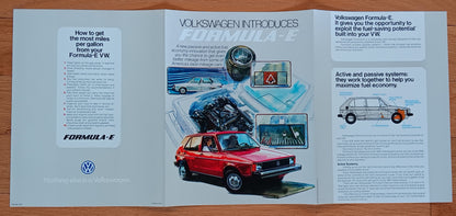 1982 Volkswagen Formula-E brochure interior engineering illustrations and fuel economy features
