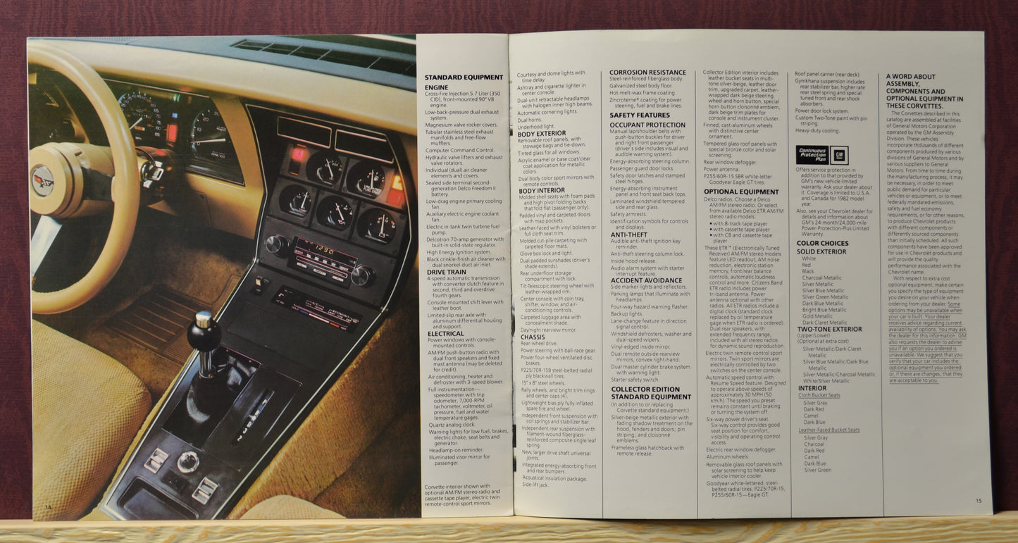 Close-up of tan leather interior showcasing the dashboard and center console from the 1982 Corvette brochure."