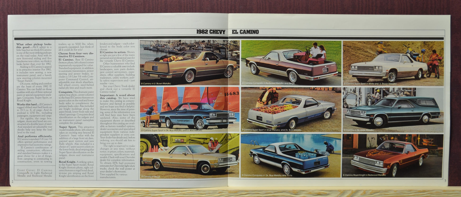 Model options from the 1982 Chevy El Camino, including the Royal Knight, Conquista, and Super Sport editions.