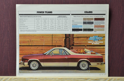 power train and color options featured in the 1982 Chevy El Camino dealer brochure back page