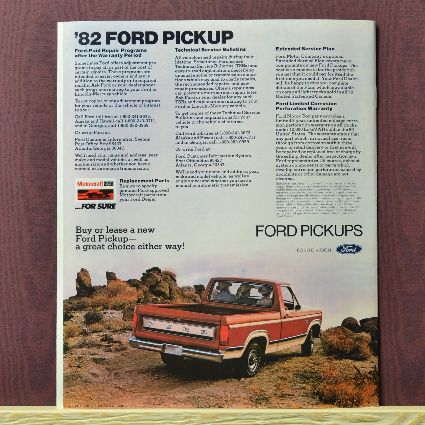 1982 Ford Pickup brochure – Built Ford Tough back page